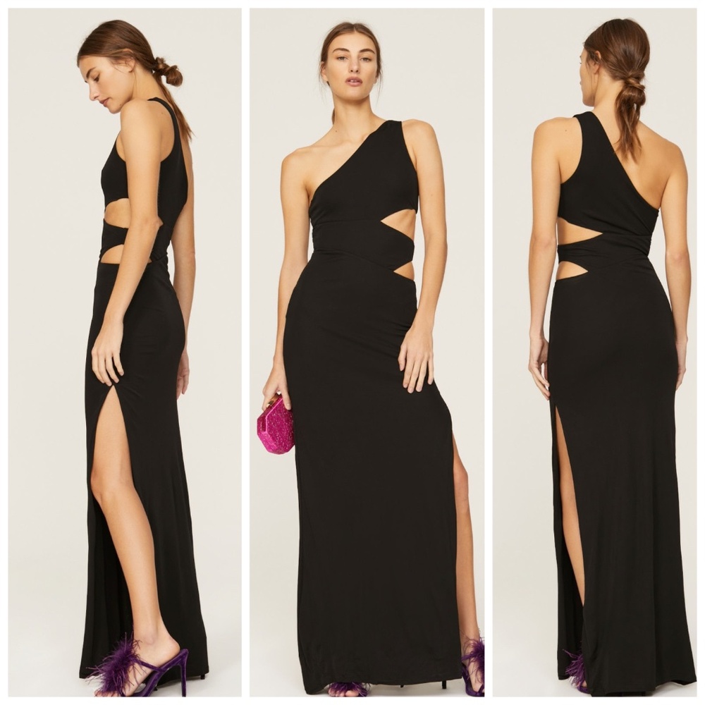 STAUD Black One-Shoulder Cutout Maxi Dress
